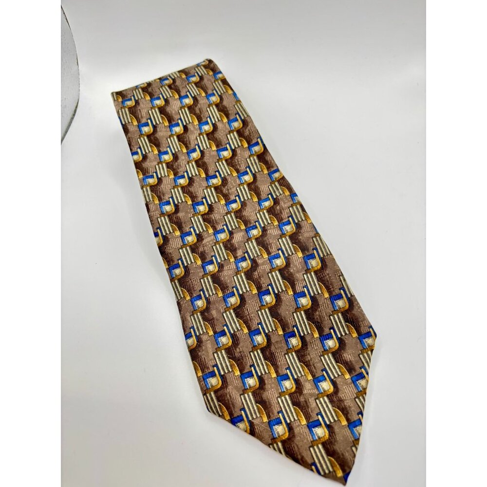 Geoffrey Beene Brown Gold & Blue Geometric Pattern 100% Silk Tie NWT Classic Mod
